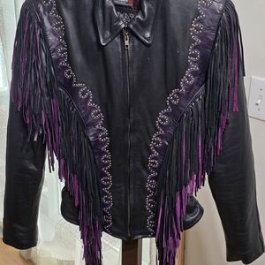 Elegant Black and Purple Leather Fringe Jacket